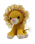 Knit Knacks "King Cuddles the Lion" handmade organic cotton dog toy. Yellow lion with a sweet face, and a fringed mane and tail.