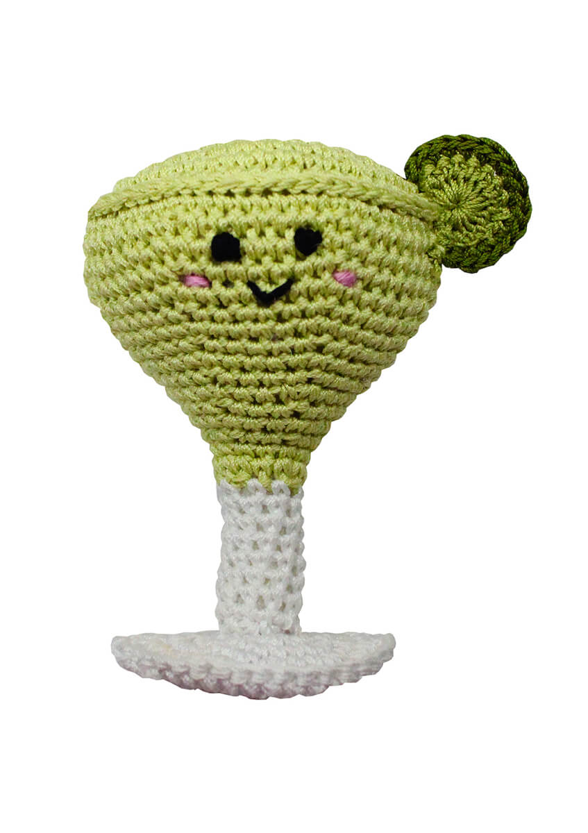 Knit Knacks "Margarita" organic cotton knit dog toy. Green margarita with a smiling face and a lime tucked in her ear.