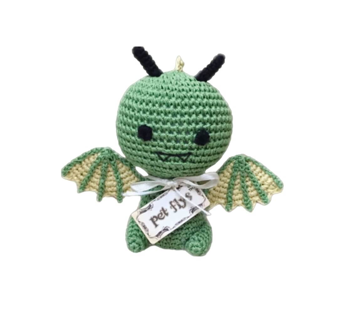 Knit Knacks "Drogo the Dragon" handmade organic cotton dog toy. Green dragon with outstretched wings that have yellow contrast trim. 