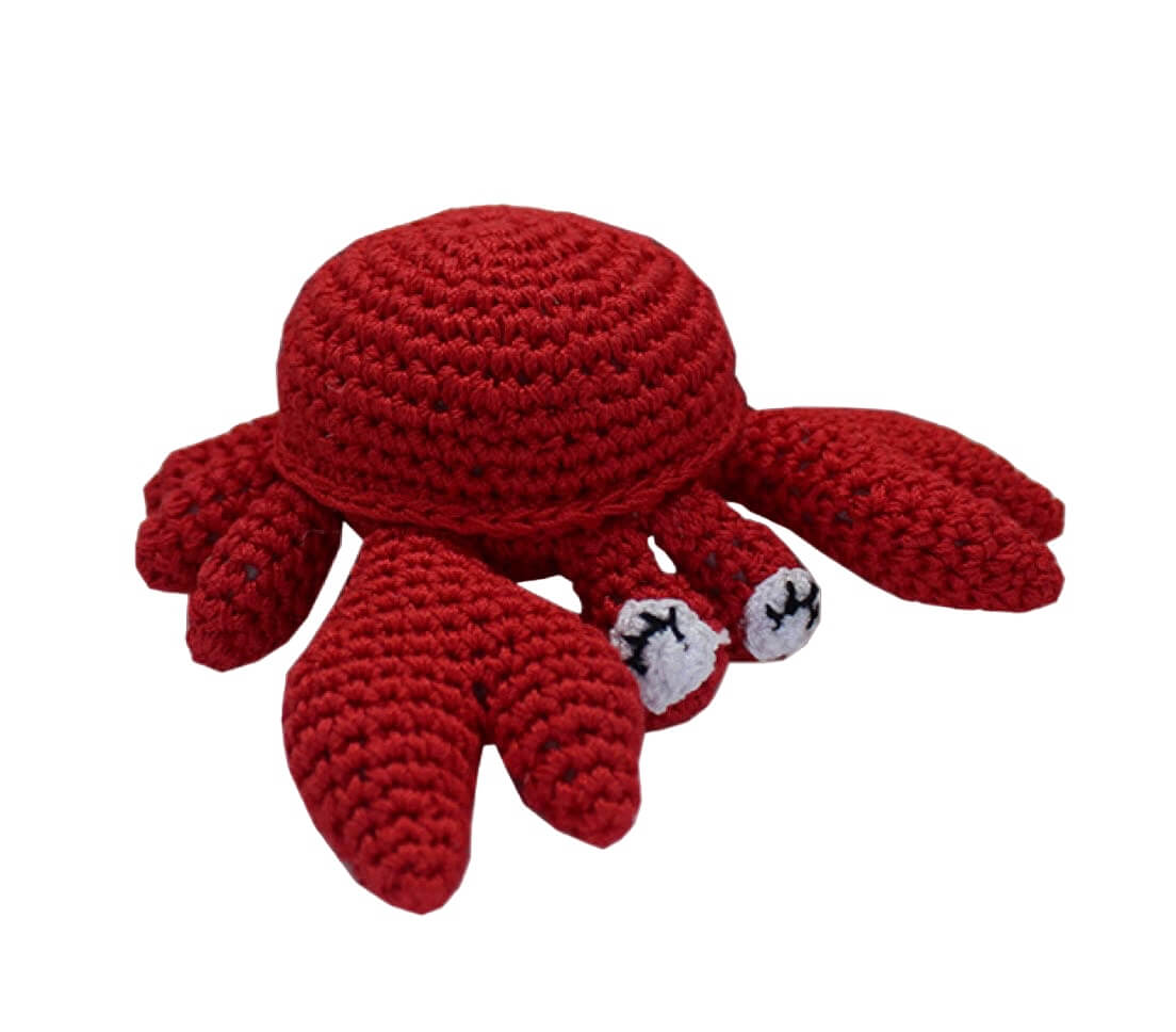 Knit Knacks &quot;Clawdious the Crab&quot; handmade organic cotton dog toy. Red crab toy with big claws and white eyes.