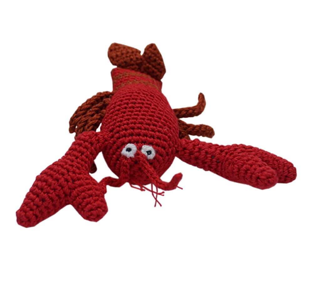 Knit Knacks &quot;Lurch the Lobster&quot; handmade organic cotton dog toy. Red lobster with big claws and a mustache.