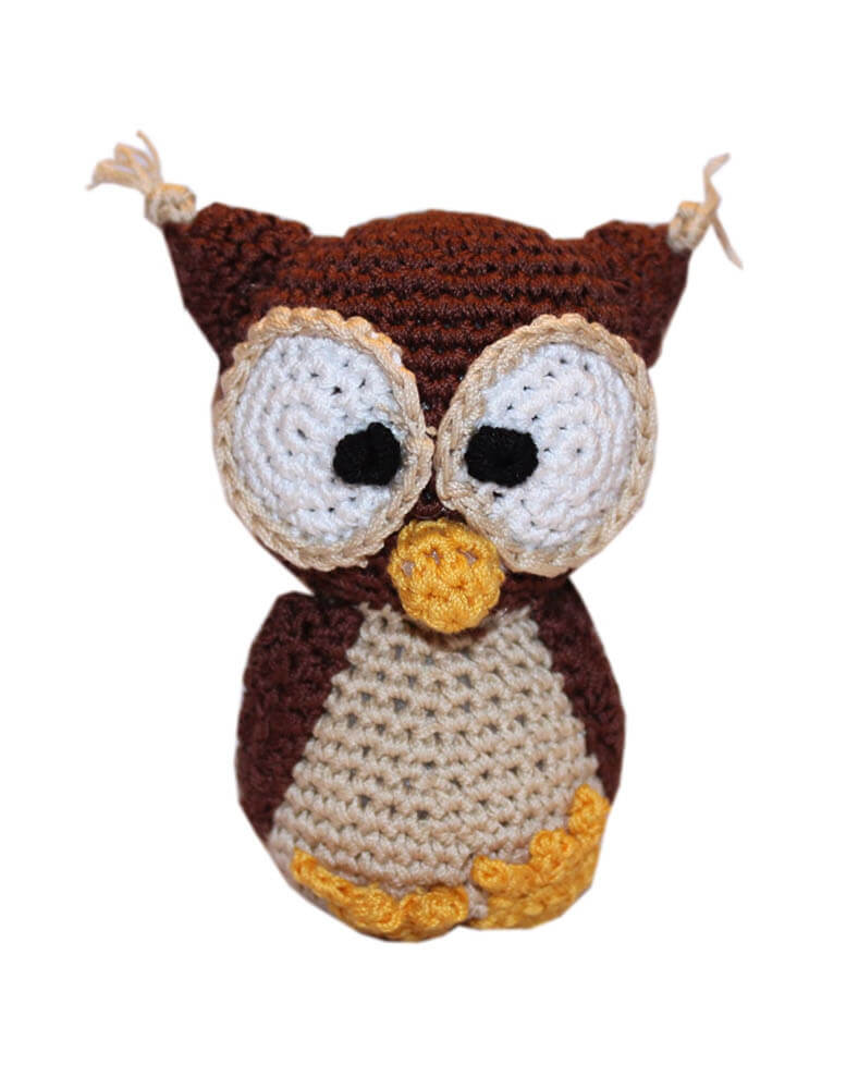 Knit Knacks "Hootie the Owl" organic cotton handmade dog toy. Anthropomorphic brown owl with big eyes and a yellow beak and feet.