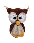 Knit Knacks "Hootie the Owl" organic cotton handmade dog toy. Anthropomorphic brown owl with big eyes and a yellow beak and feet.