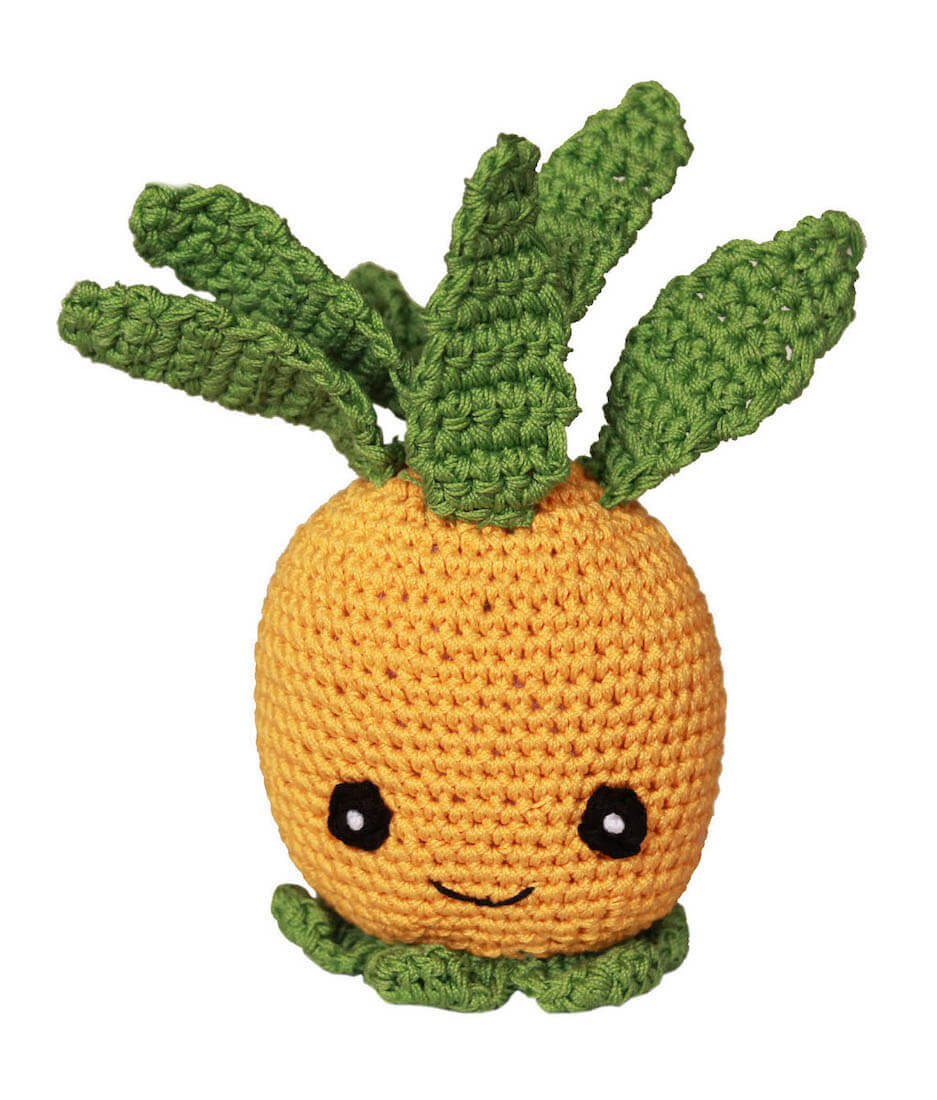Knit Knacks "Paulie the Pineapple" knit dog toy. Yellow pineapple with green leaves for hair, and a cute, smiling face.