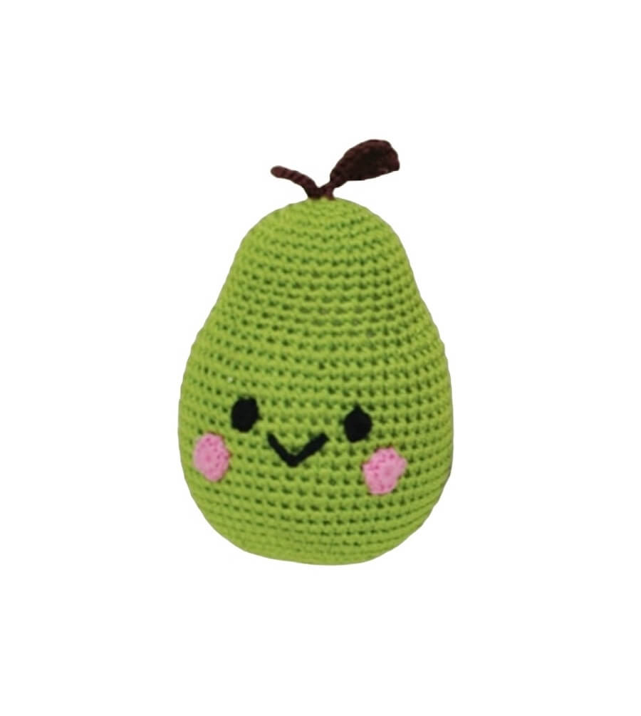 Knit Knacks &quot;Bartlett Pear&quot; handmade organic cotton dog toy. Green anthropomorphic pear with a smiling face, rosy cheeks, and a stem on its head.