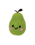 Knit Knacks "Bartlett Pear" handmade organic cotton dog toy. Green anthropomorphic pear with a smiling face, rosy cheeks, and a stem on its head.