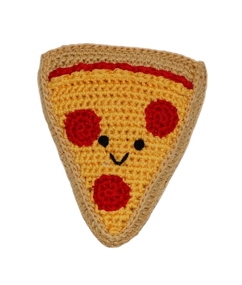 Knit Knacks "Pizza" handmade organic cotton dog toy. Anthropomorphic pizza with a happy/smiling expression and three pepperoni slices on its face.