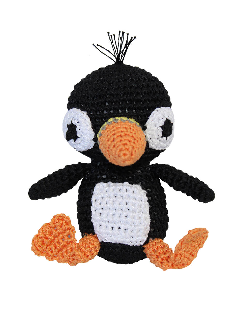 Knit Knacks &quot;Pumpkin the Puffin&quot; handmade organic cotton dog toy. Black and white puffin bird with an orange beak and orange feet.