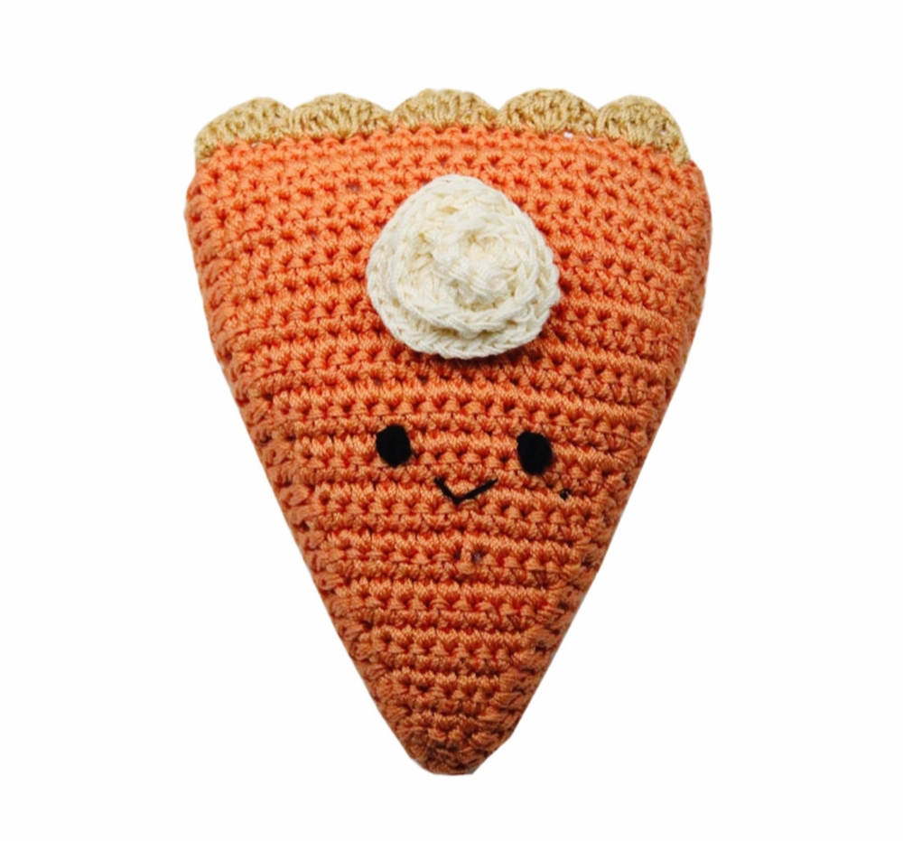 Knit Knacks "Pumpkin Pie" handmade organic cotton dog toy. Orange pumpkin pie slice with whipped cream and a smiling face.
