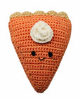 Knit Knacks "Pumpkin Pie" handmade organic cotton dog toy. Orange pumpkin pie slice with whipped cream and a smiling face.