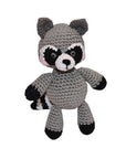 Knit Knacks "Rowdy the Raccoon" organic cotton handmade dog toy. Gray, black and white raccoon.
