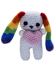 Knit Knacks "Lulu the Love Bunny" handmade organic cotton dog toy. White bunny with floppy rainbow ears, holding a heart.