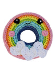 Knit Knacks "Rainbow Donut" handmade organic cotton dog toy. Anthropomorphic donut with a smiling face, rosy cheeks, and heart accents.