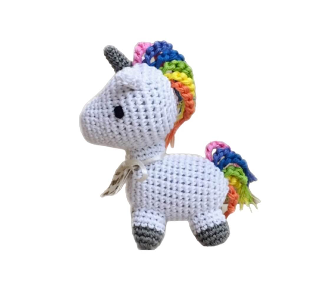 Knit Knacks "Mystic the Magic Unicorn" handmade organic cotton dog toy. White unicorn with a gray horn, and a rainbow mane and tail.