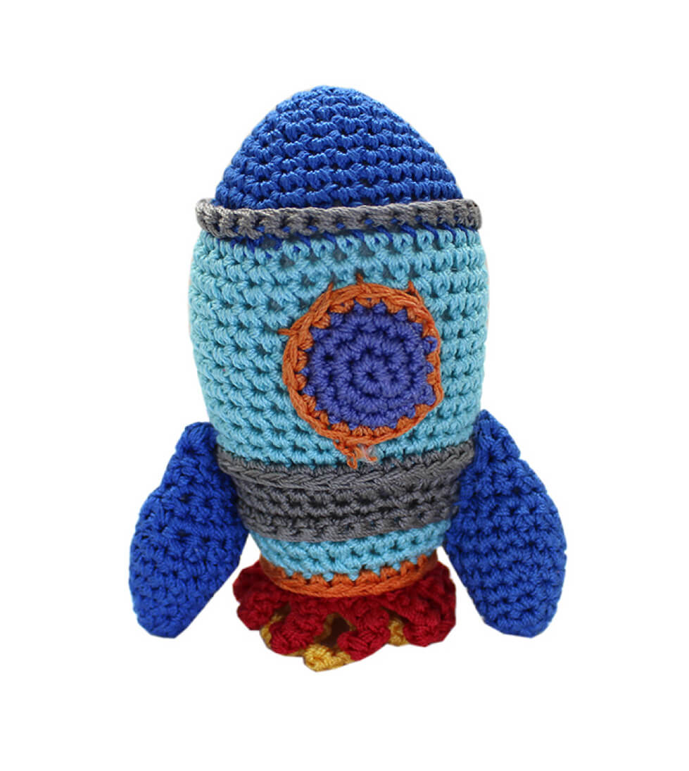 Knit Knacks "Rocket Ship" handmade organic cotton dog toy. Blue rocket ship with gray, orange, red and yellow trim.