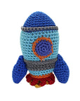 Knit Knacks "Rocket Ship" handmade organic cotton dog toy. Blue rocket ship with gray, orange, red and yellow trim.