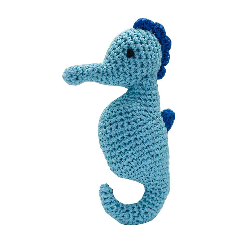 Knit Knacks &quot;Salty the Seahorse&quot; organic cotton handmade dog toy. Blue seahorse.