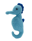 Knit Knacks "Salty the Seahorse" organic cotton handmade dog toy. Blue seahorse.