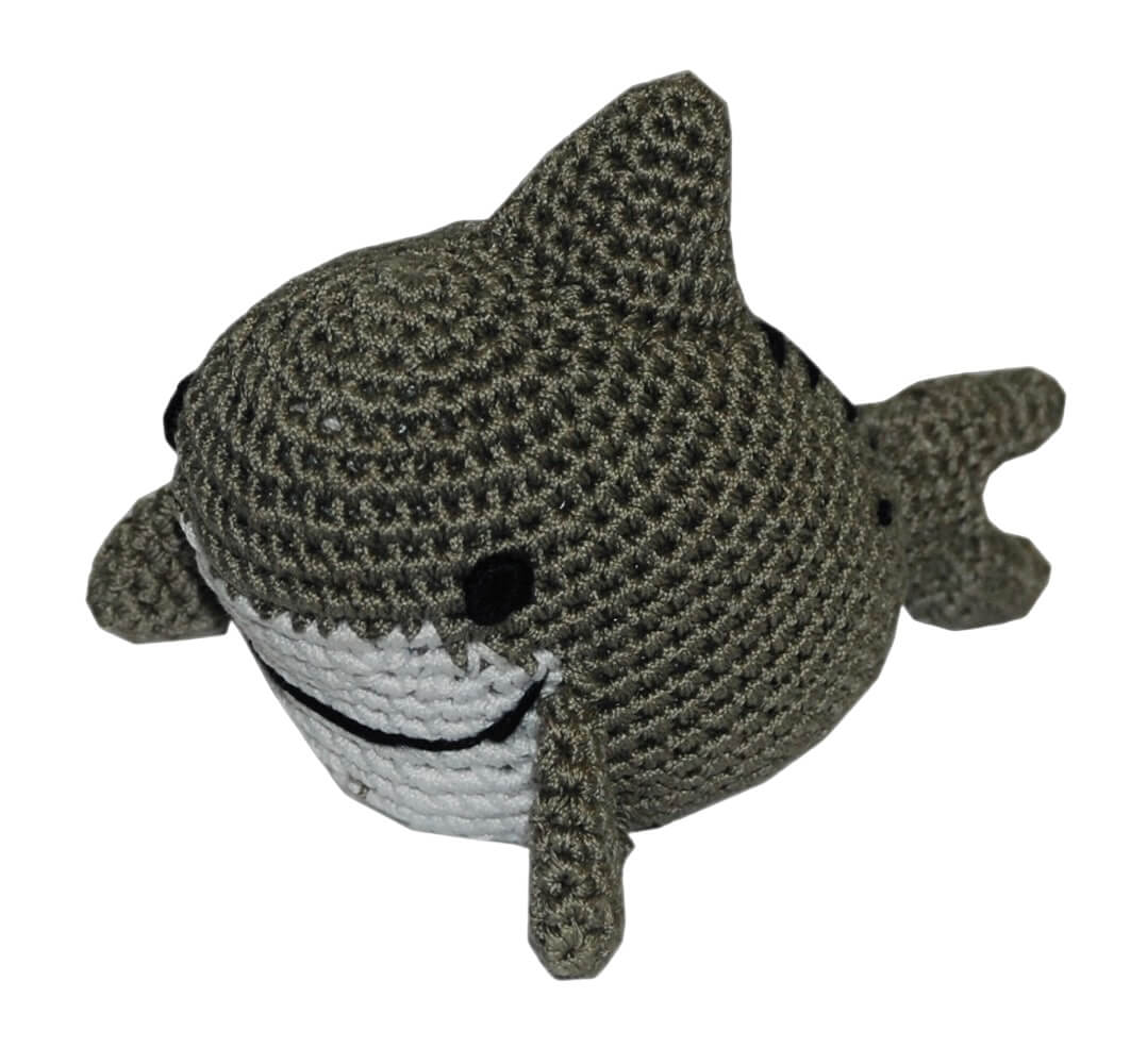 Knit Knacks "Smiley the Shark" handmade organic cotton dog toy. Smiling gray shark with a white underbelly.