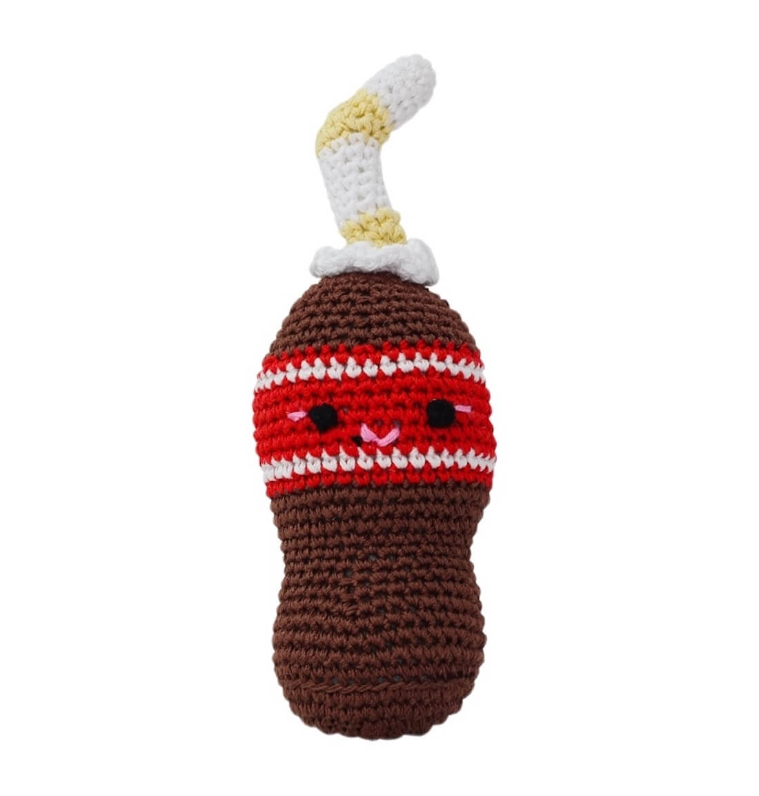 Knit Knacks "Soda Pop Bottle" handmade organic cotton dog toy. Anthropomorphic cola bottle with a smiling face. Has a horizontal red stripe and a white straw coming out of its head.