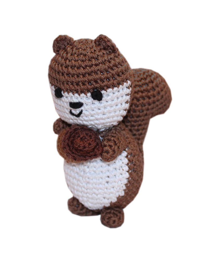 Knit Knacks &quot;Slappy the Happy Squirrel&quot; organic cotton handmade dog toy. Brown and white, smiling squirrel holding an acorn.