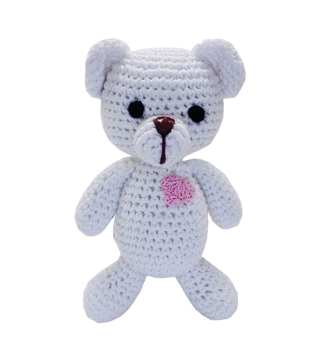 Knit Knacks &quot;Teddy the White Bear&quot; handmade organic cotton dog toy. White bear with a sweet face and a pink heart on its chest.