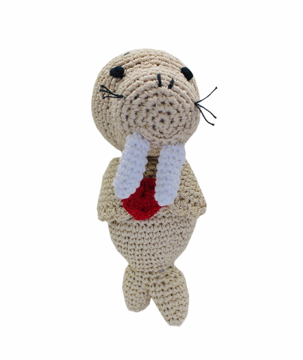 Knit Knacks &quot;Walter the Walrus&quot; organic cotton handmade dog toy. Tan walrus with big white teeth and a heart on his chest.