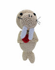 Knit Knacks "Walter the Walrus" organic cotton handmade dog toy. Tan walrus with big white teeth and a heart on his chest.