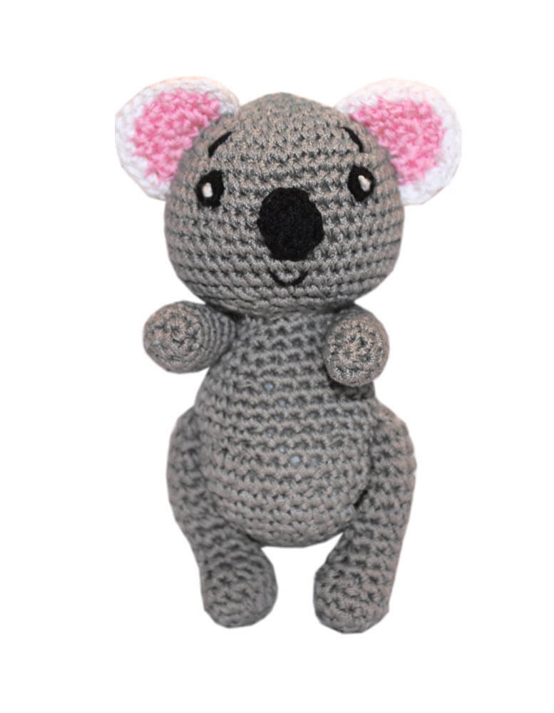 Knit Knacks &quot;Cutie the Koala&quot; organic cotton handmade dog toy. Anthropomorphic gray koala with a happy expression and pink ears.