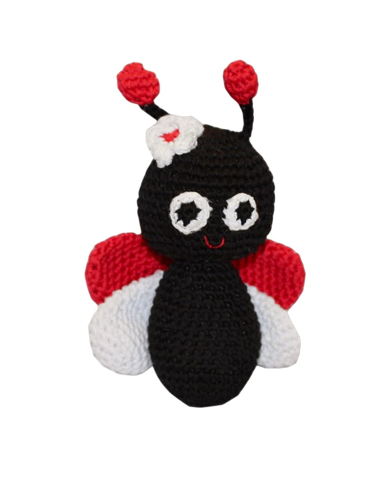 Knit Knacks &quot;Lulu the Ladybug&quot; organic cotton handmade dog toy. Anthropomorphic ladybug with a flower on her head and a smiling expression.