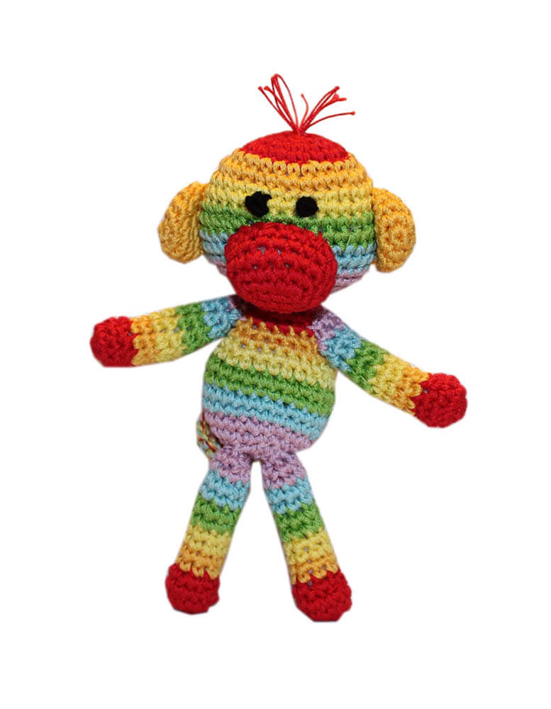 Knit Knacks "Rizzo the Rainbow Monkey" organic cotton handmade dog toy. Happy looking monkey in bright, vivid rainbow hues.