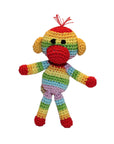Knit Knacks "Rizzo the Rainbow Monkey" organic cotton handmade dog toy. Happy looking monkey in bright, vivid rainbow hues.
