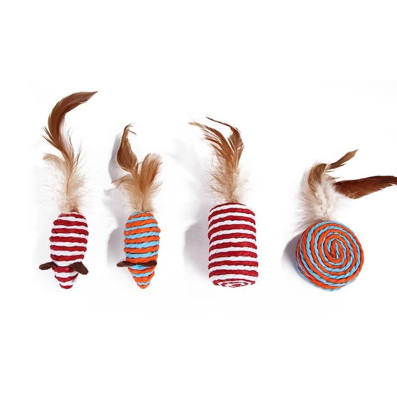 Sisal and feather rattle toy assortment.