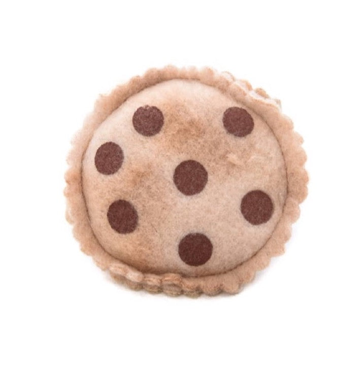 Fleece calico cookie cat toy filled with organic catnip.