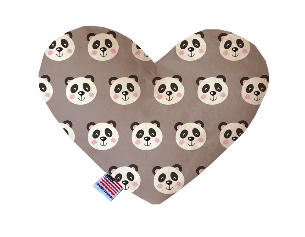 Heart shaped squeaker dog toy. Gray background with white panda bears printed throughout. Made in USA label on bottom trim.