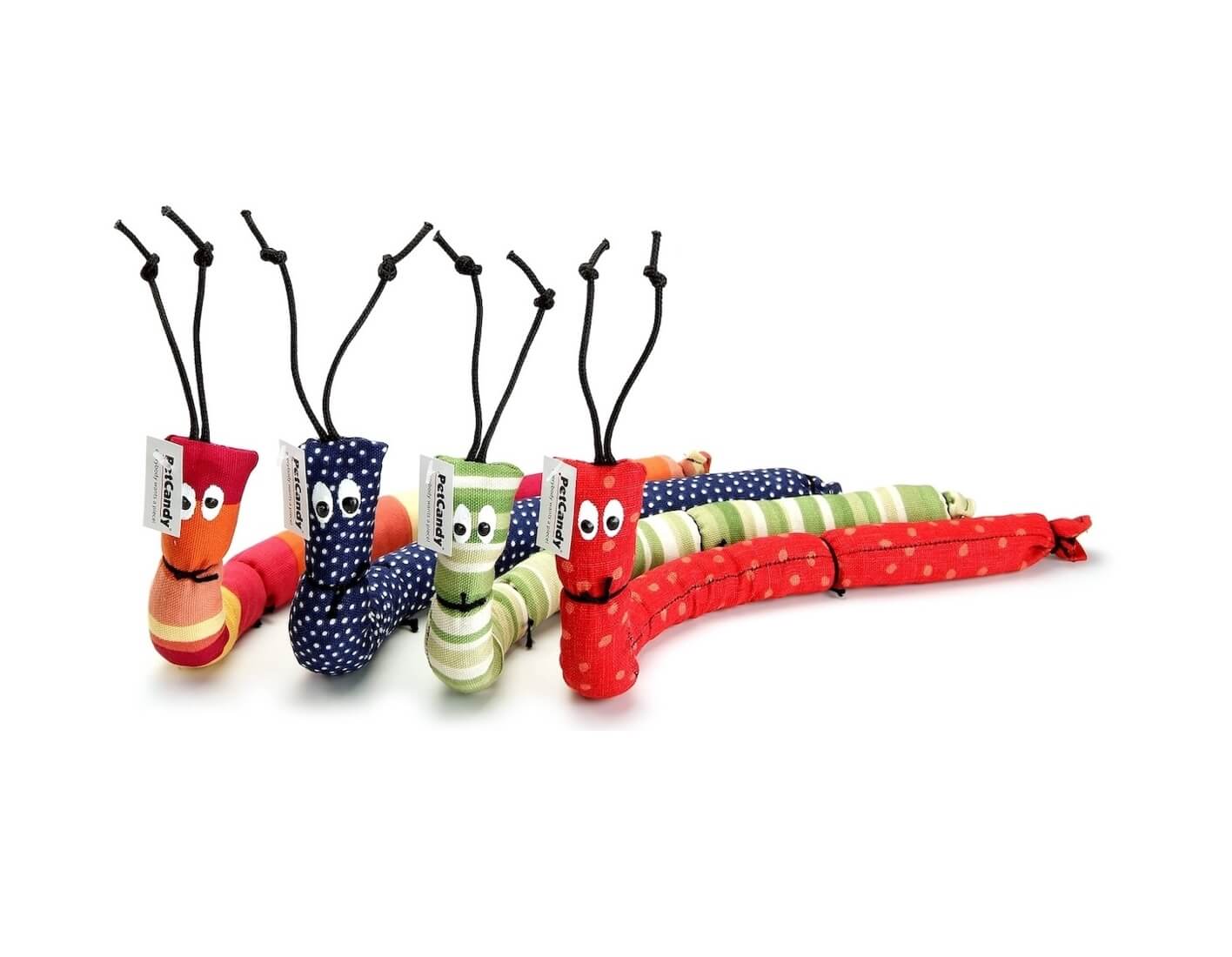 Handmade caterpillar kicker toys in various colors and patterns, stuffed with US grown, farm fresh catnip. Made in USA.