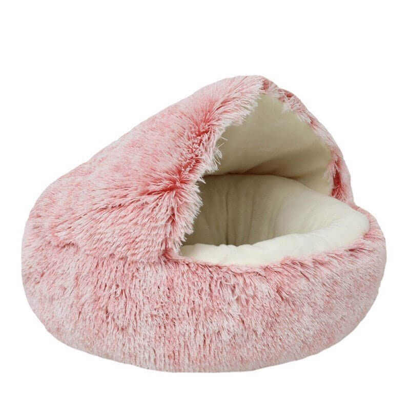 Pink plush nesting cave bed for cats and small dogs (short plush version).