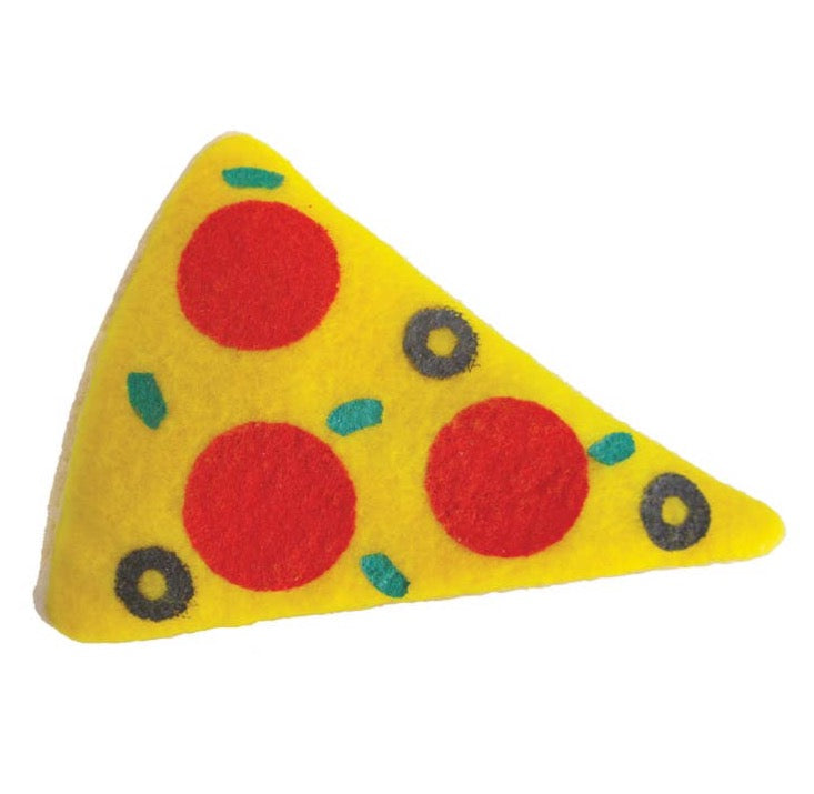 Fleece pizza cat toy filled with organic catnip.