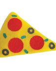 Fleece pizza cat toy filled with organic catnip.