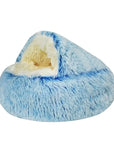 Blue plush nesting cave bed for cats and small dogs (long plush version).