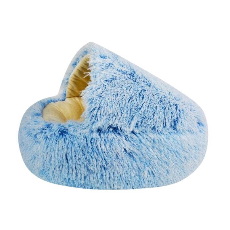 Blue plush nesting cave bed for cats and small dogs (short plush version).