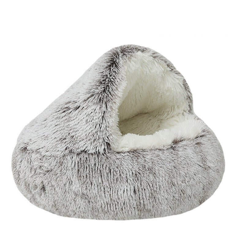 Light brown plush nesting cave bed for cats and small dogs (long plush version).