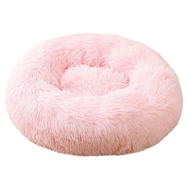 Pale pink donut plush cat/dog bed.