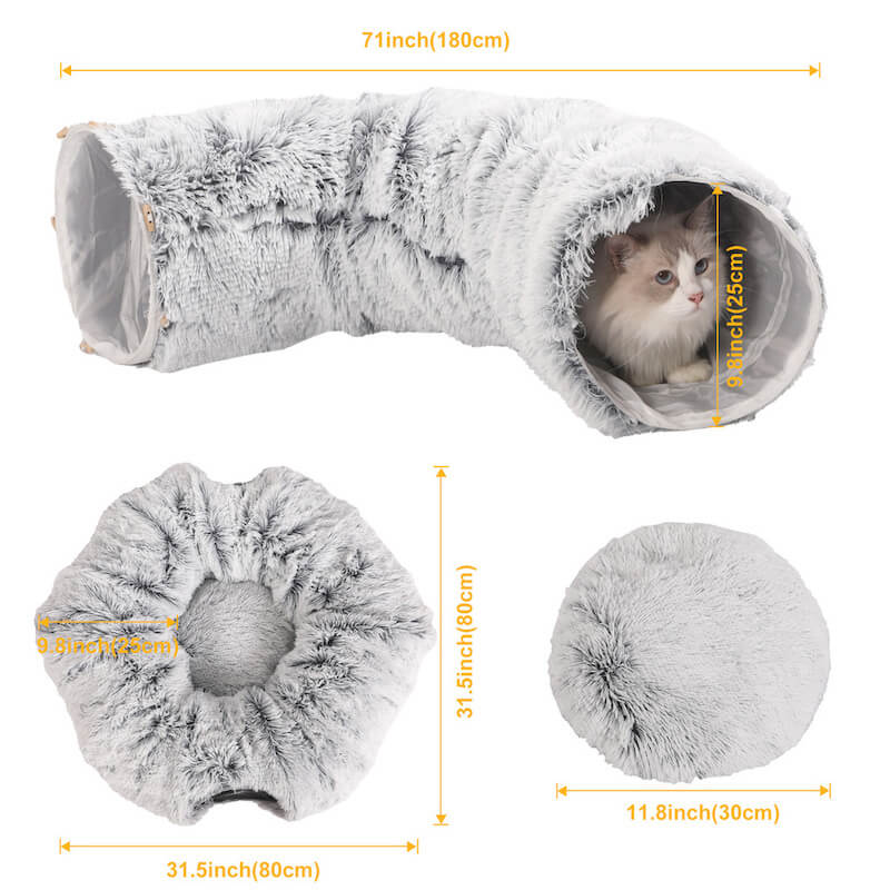 Plush gray donut tunnel and cat bed measurements.