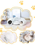 Various close ups of plush gray donut tunnel and cat bed.