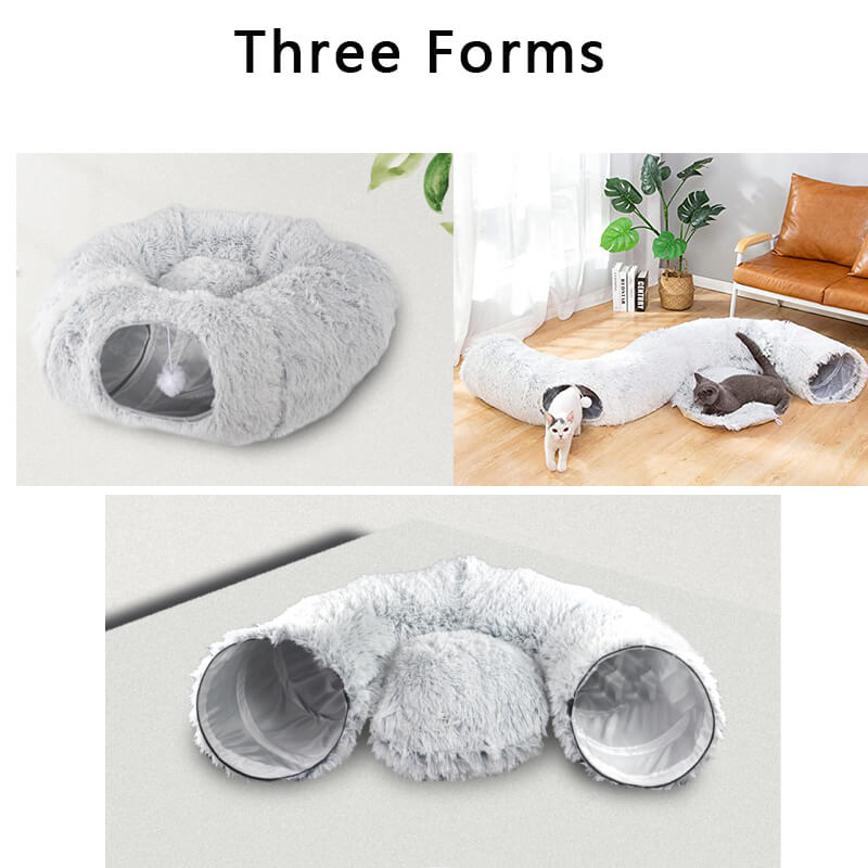 Plush gray donut tunnel and cat bed can be assembled in three different forms.