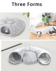 Plush gray donut tunnel and cat bed can be assembled in three different forms.