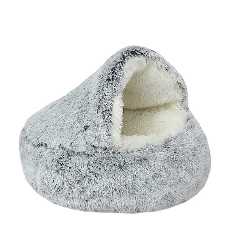 Gray plush nesting cave bed for cats and small dogs (long plush version).
