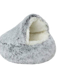 Gray plush nesting cave bed for cats and small dogs (long plush version).