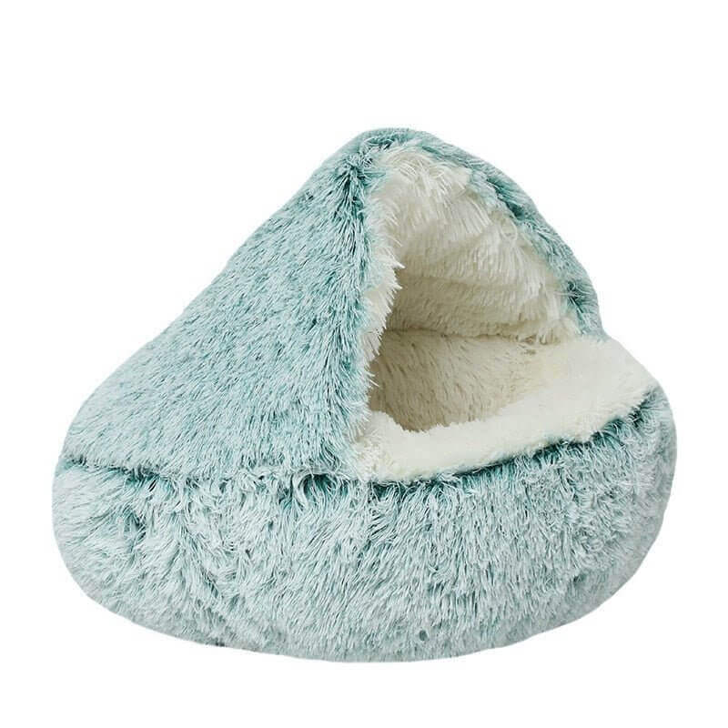 Green plush nesting cave bed for cats and small dogs (long plush version).